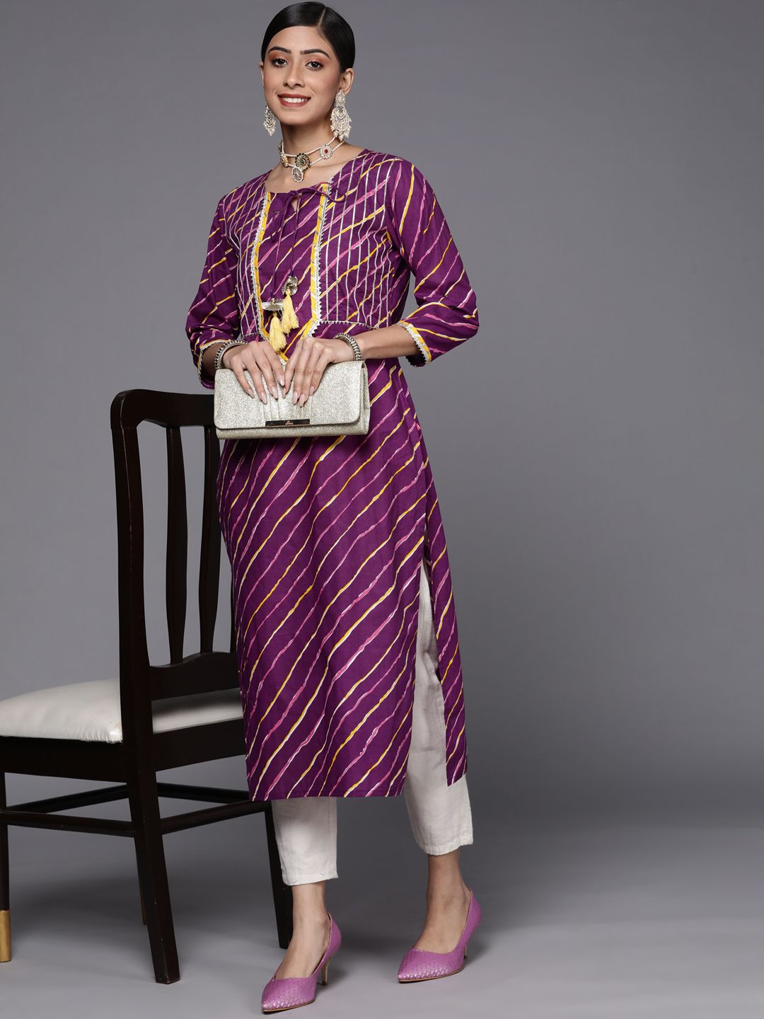 Varanga Women Purple & Yellow Leheriya Printed Gotta Patti Kurta