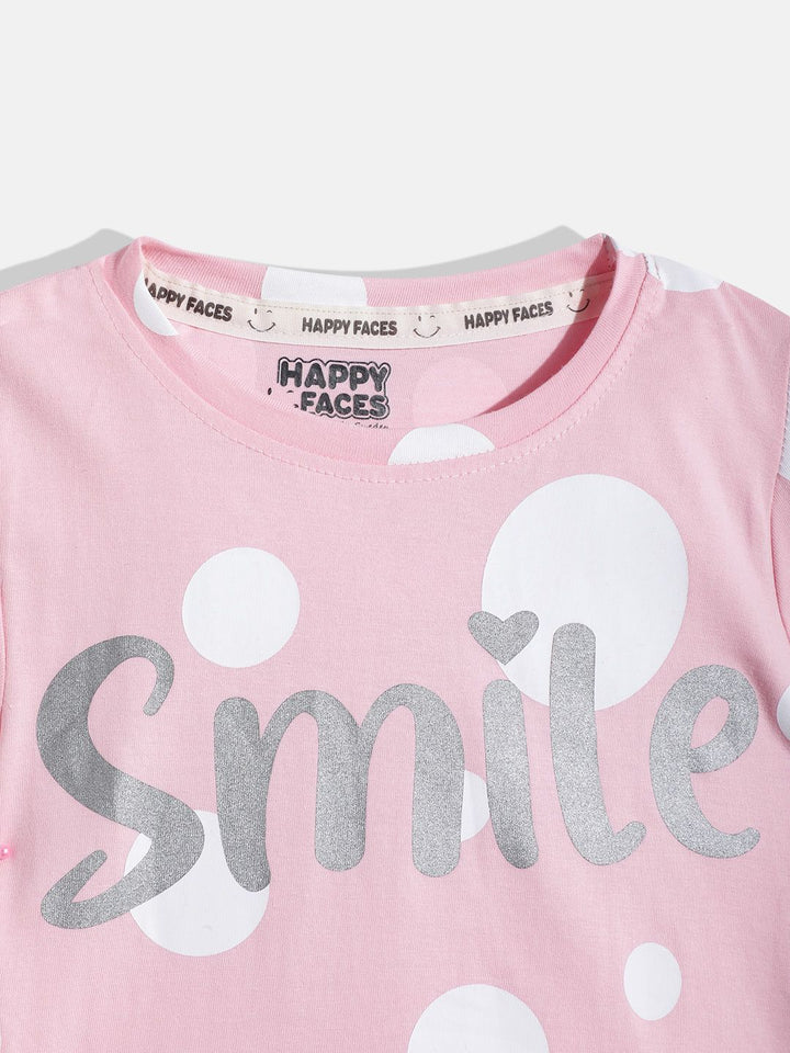 Happy Faces Girls Polka Dots & Typography Printed Pure Cotton T-shirt