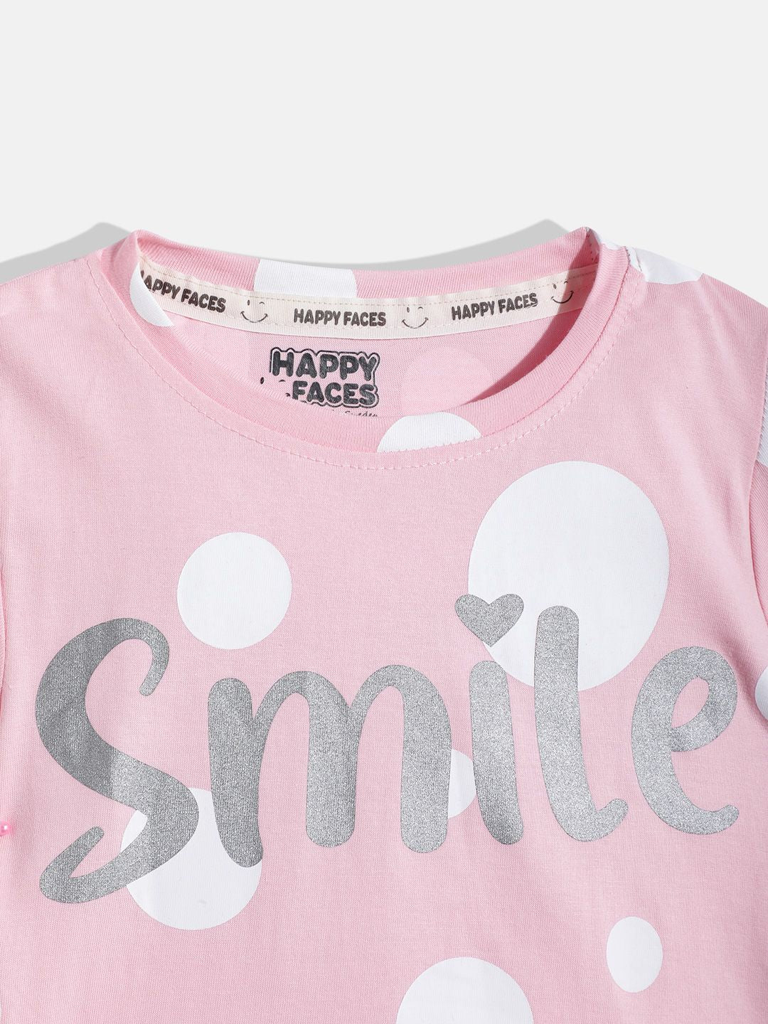 Happy Faces Girls Polka Dots & Typography Printed Pure Cotton T-shirt