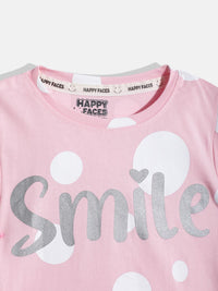 Happy Faces Girls Polka Dots & Typography Printed Pure Cotton T-shirt