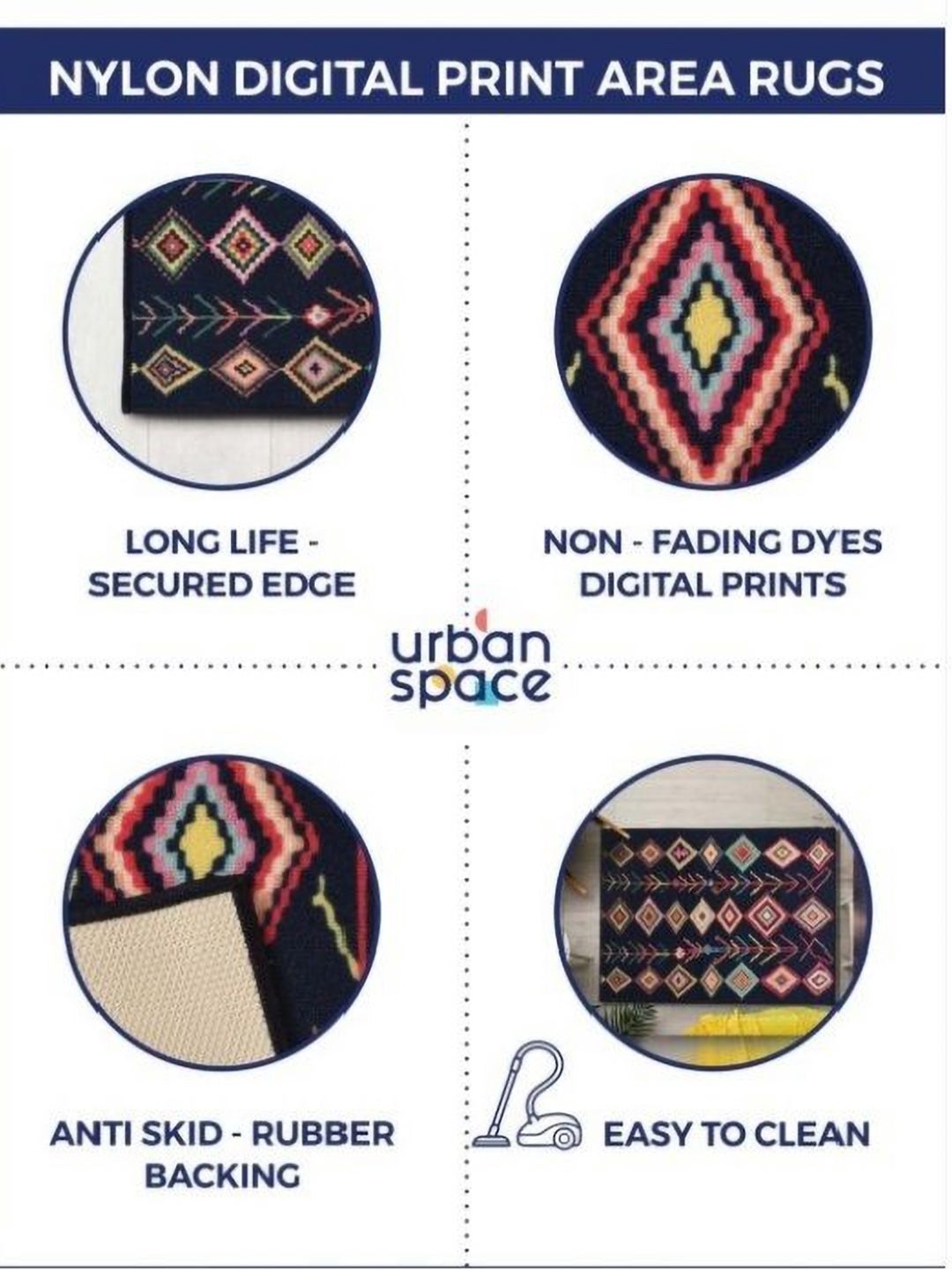 URBAN SPACE Pink & Navy Blue Geometric Anti-Skid Floor Mat