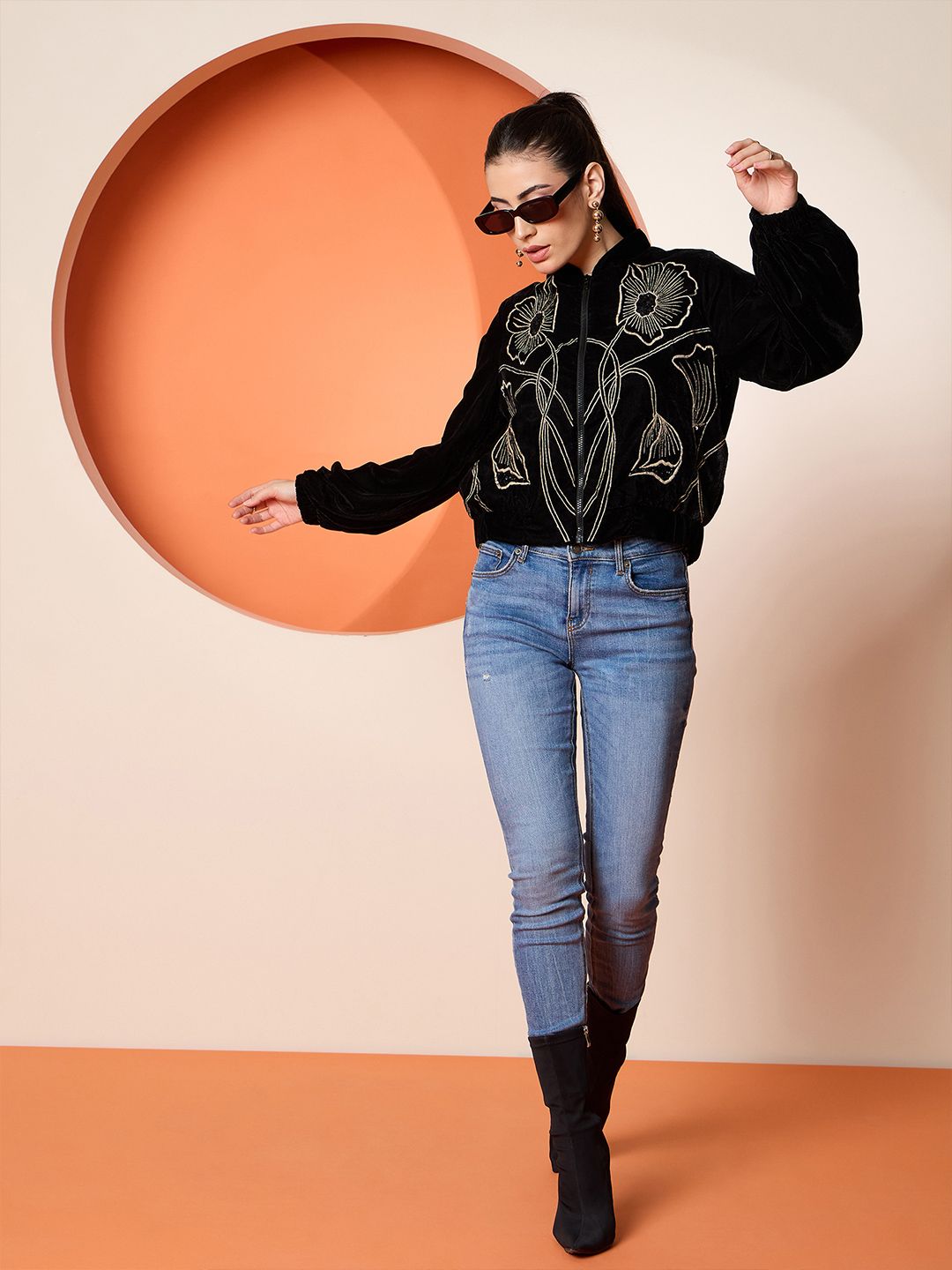 Antheaa Women Velvet Embroidered Bomber Jacket