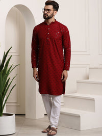 SOJANYA Motif Etnik Bersulam Kolar Mandarin Kurta Pure Cotton