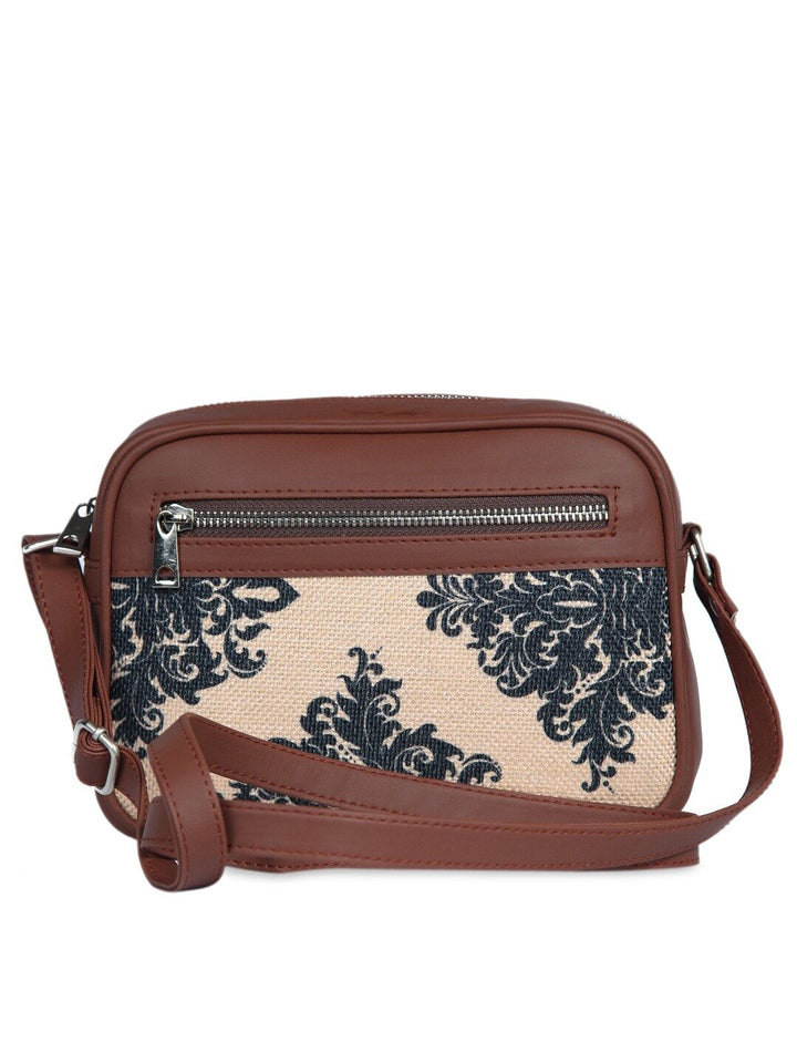 ZOUK Women Beige & Navy Blue Mughal Motif Vegan Leather Sustainable Sling Bag