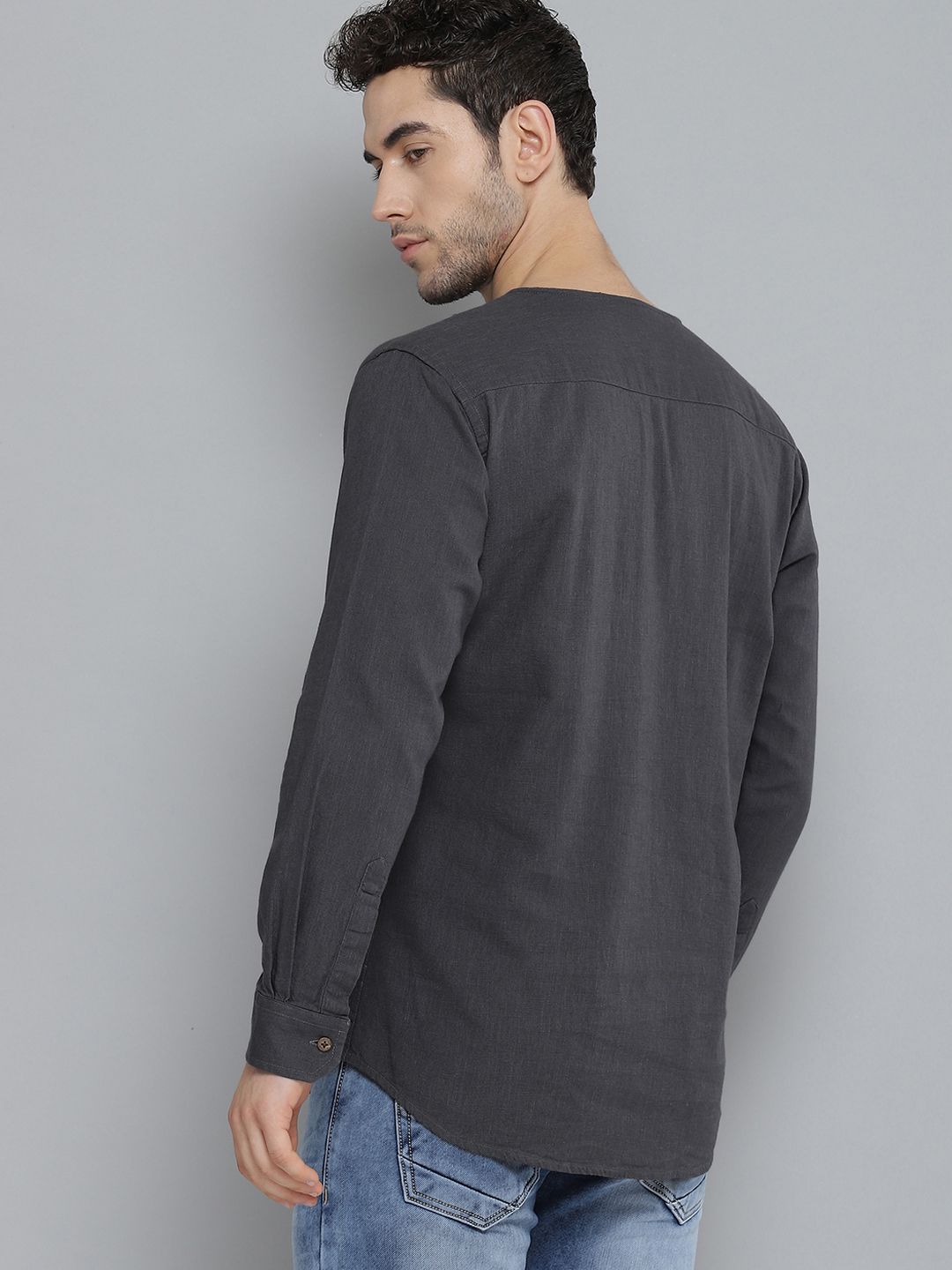 DENNISON Men Charcoal Grey Solid Comfort Fit Straight Kurta