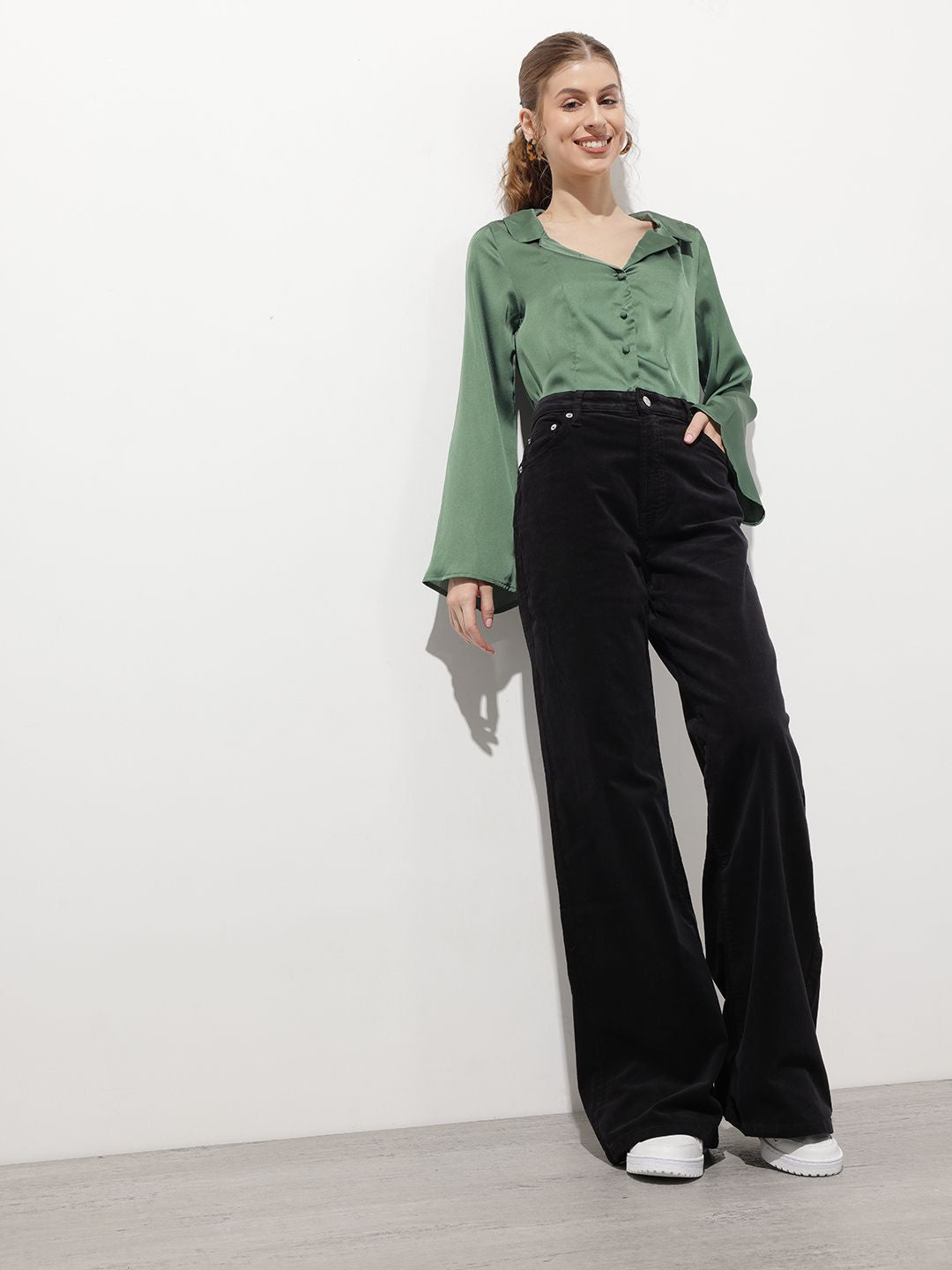 DressBerry Satin Attitude Lapel Collar Flared Sleeves Drama Shirt
