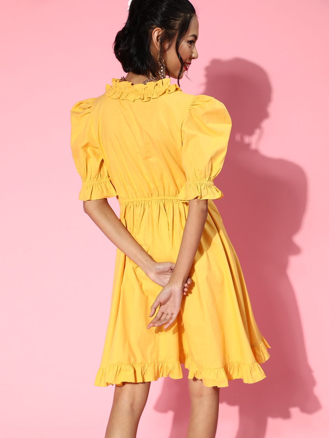 Athena Women Stylish Yellow Geometric Ruffled Dress