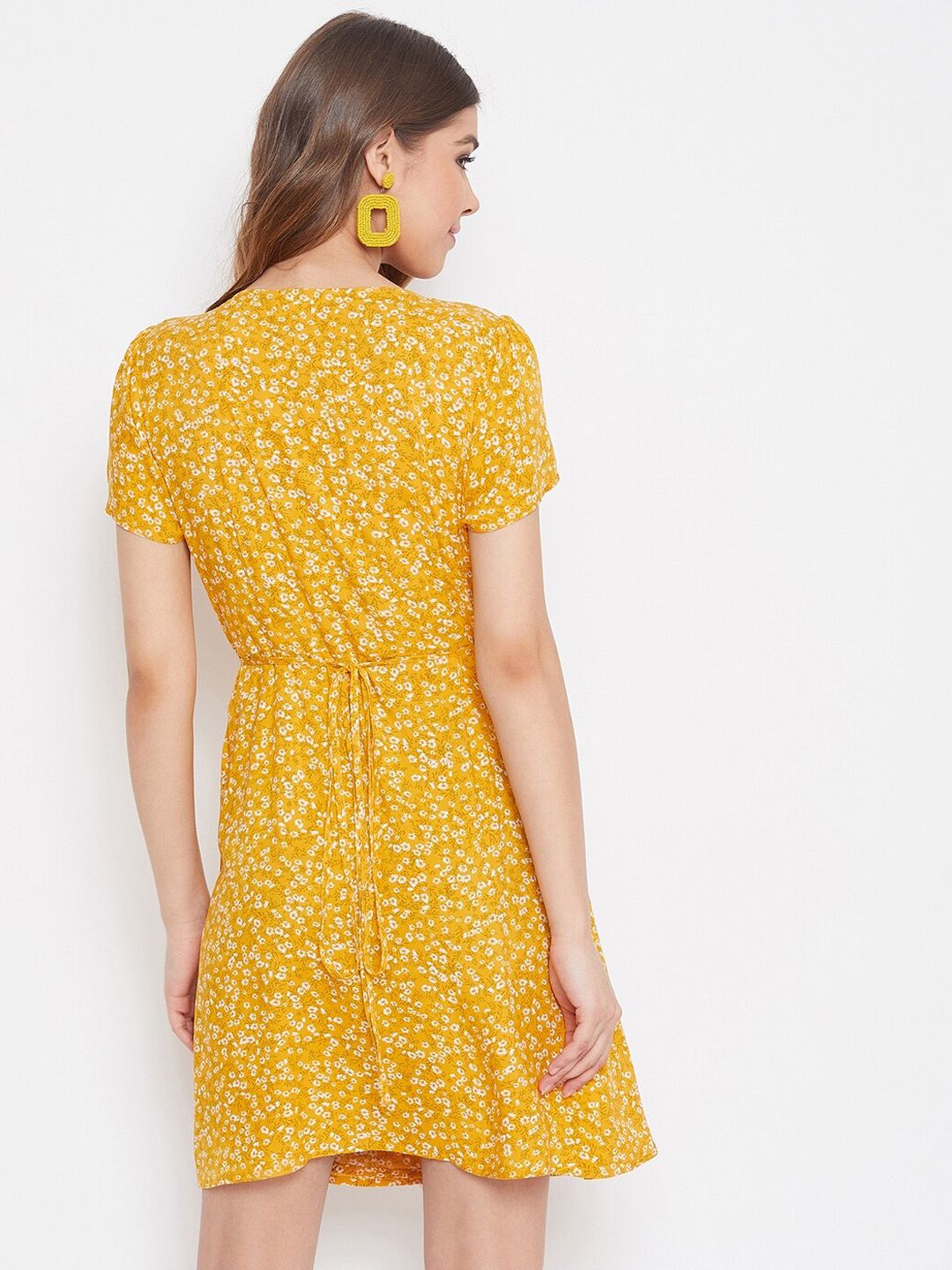 Berrylush Yellow Floral Crepe Ditsy Floral Printed Wrap Dress