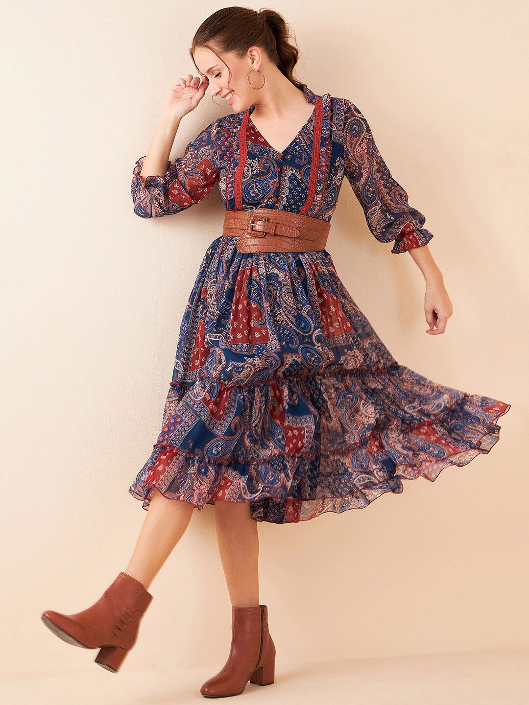 Antheaa Blue Floral Printed Puff Sleeves Chiffon Lace Inserts Tiered A-Line Midi Dress