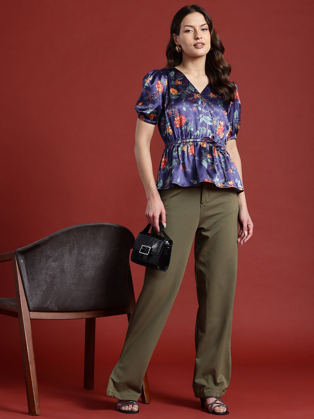 all about you Floral Print Satin-Finish Cinched Waist Top