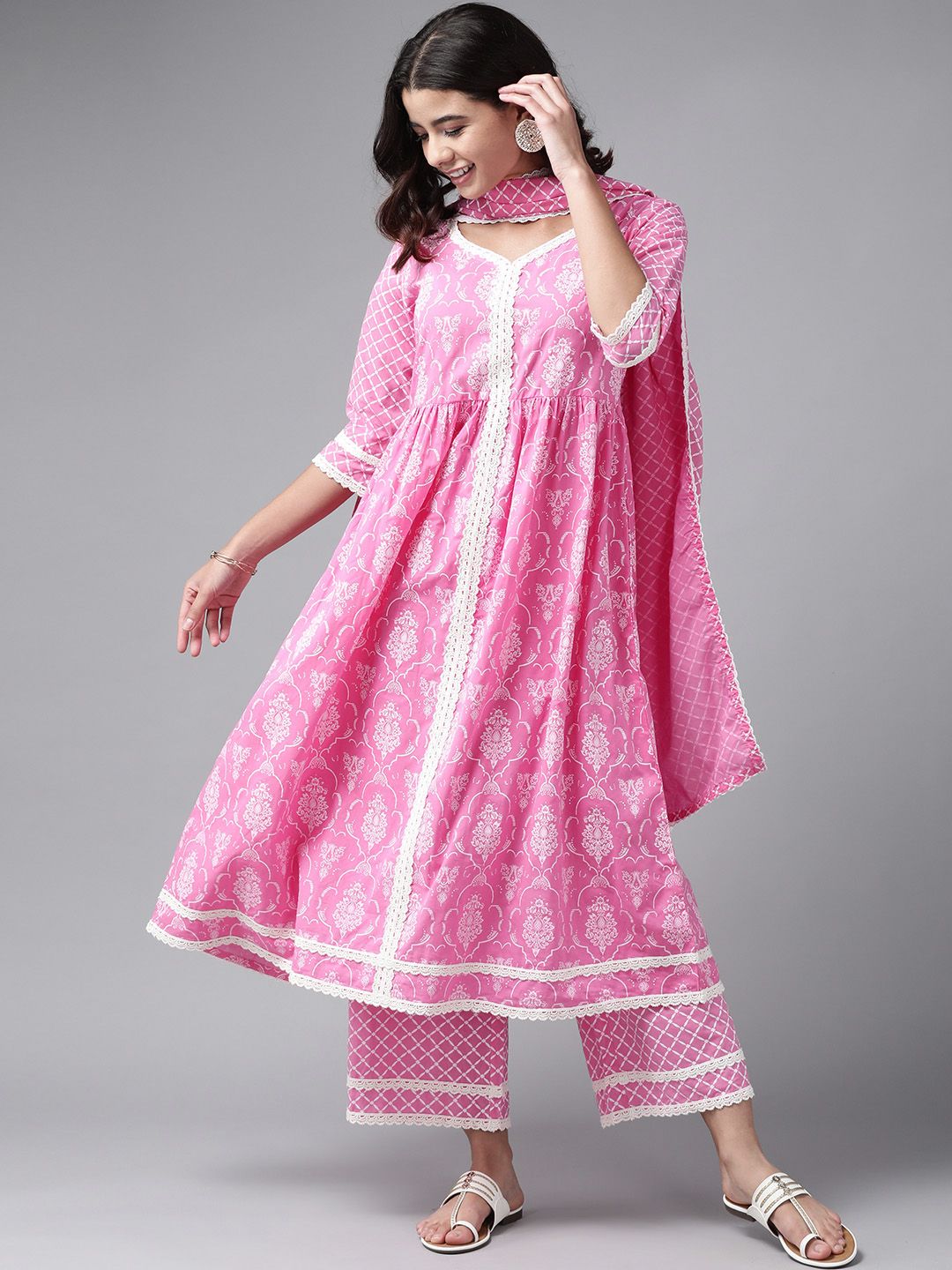 Libas Women Pink Ethnic Motifs Printed Regular Pure Cotton Kurta with Palazzos & With Dupatta