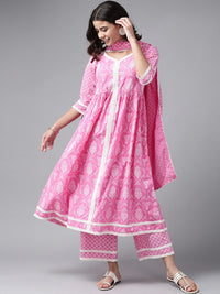Libas Women Pink Ethnic Motifs Printed Regular Pure Cotton Kurta with Palazzos & With Dupatta
