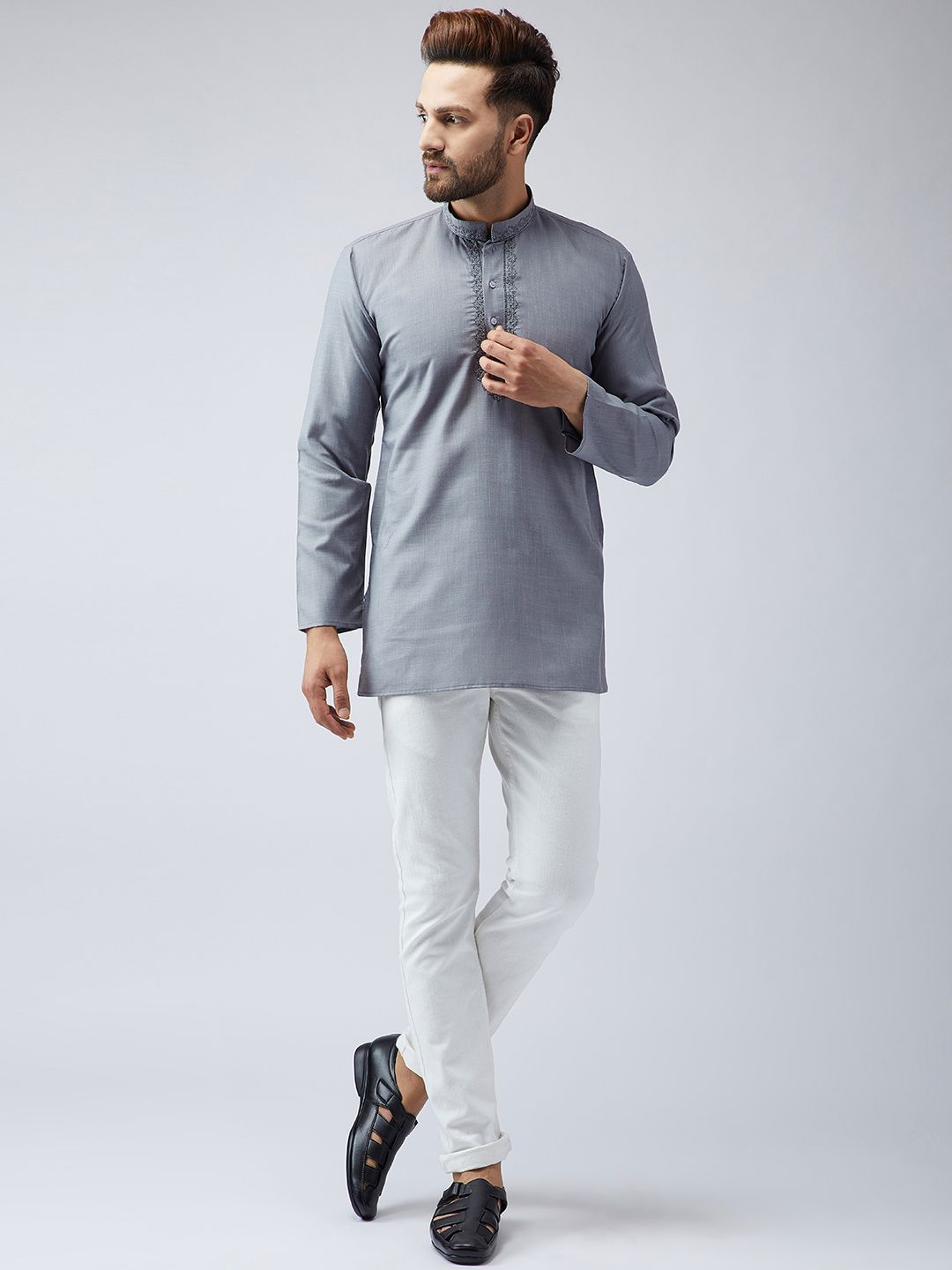 SOJANYA Kurta Pendek Bersulam Kelabu Lelaki