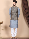 Anouk Grey Floral Embroidered Sequinned Cotton Silk Kurta with Churidar & Nehru Jacket