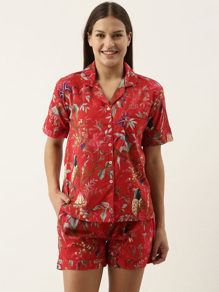 SANSKRUTIHOMES Women Red Printed Cotton Night suit