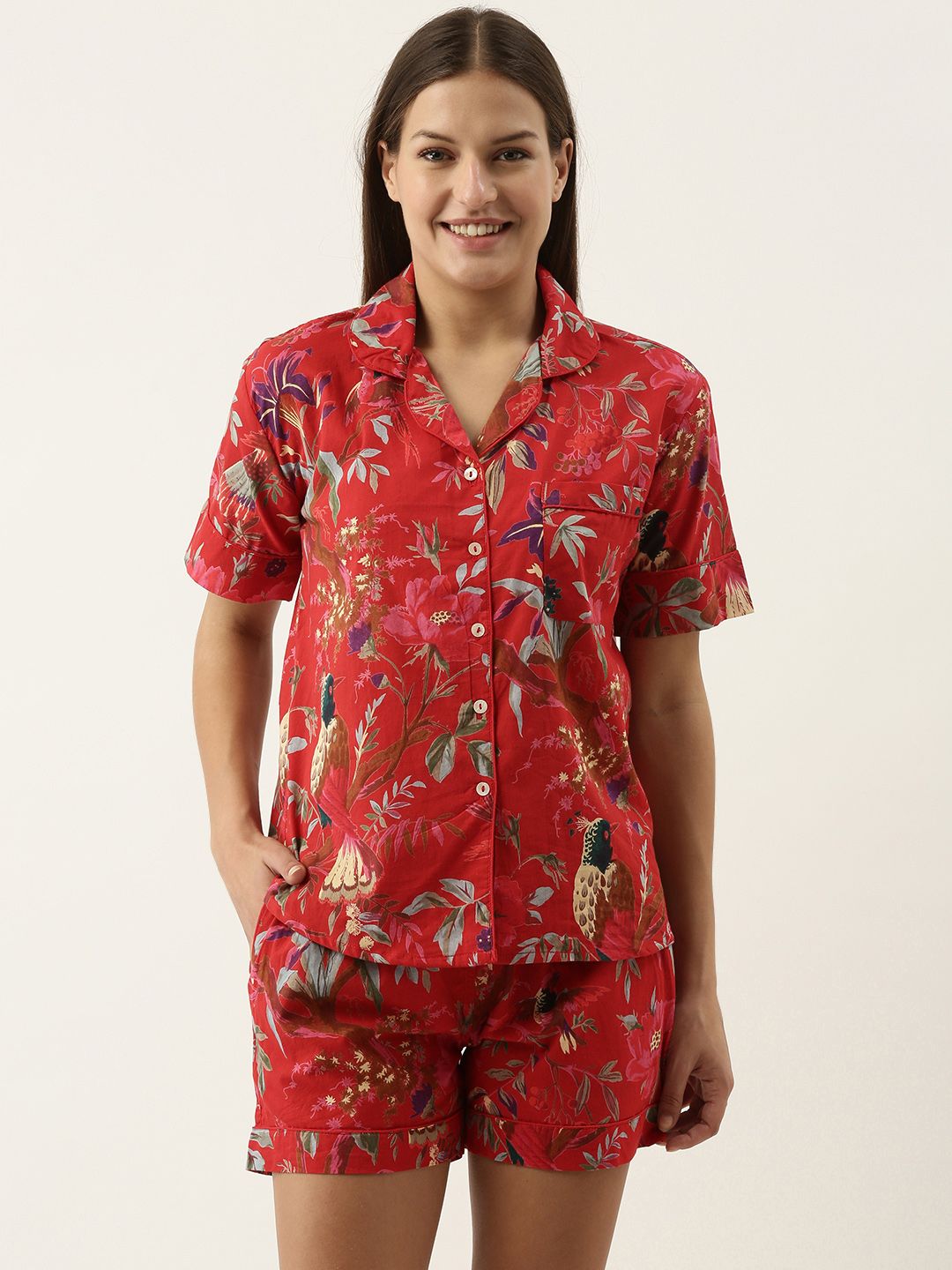 SANSKRUTIHOMES Women Red Printed Cotton Night suit