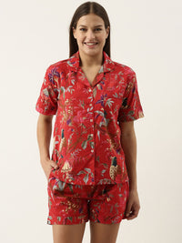 SANSKRUTIHOMES Women Red Printed Cotton Night suit