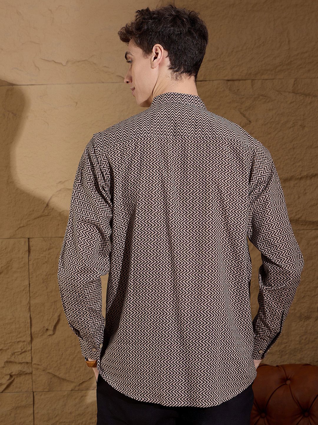 DENNISON Chevron Printed Pure Cotton Band Collar Straight Kurta