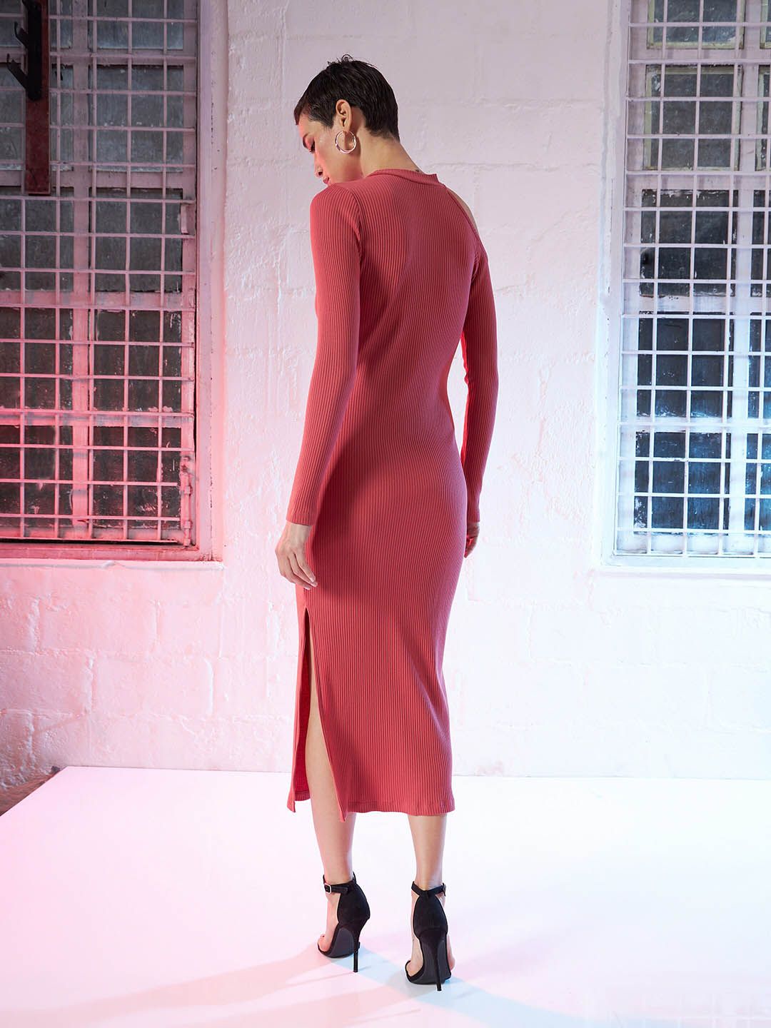SASSAFRAS Pink Round Neck Long Sleeve Cut-Outs Sheath Midi Dress