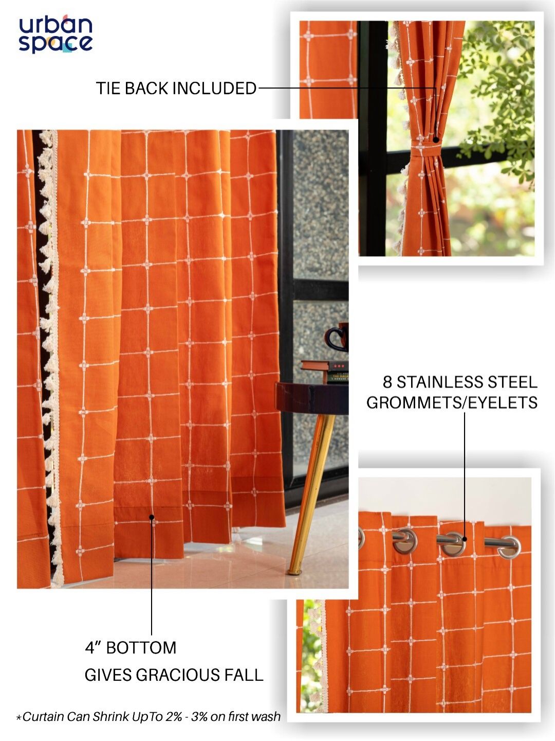 URBAN SPACE Orange & White Embroidered Long Door Curtain