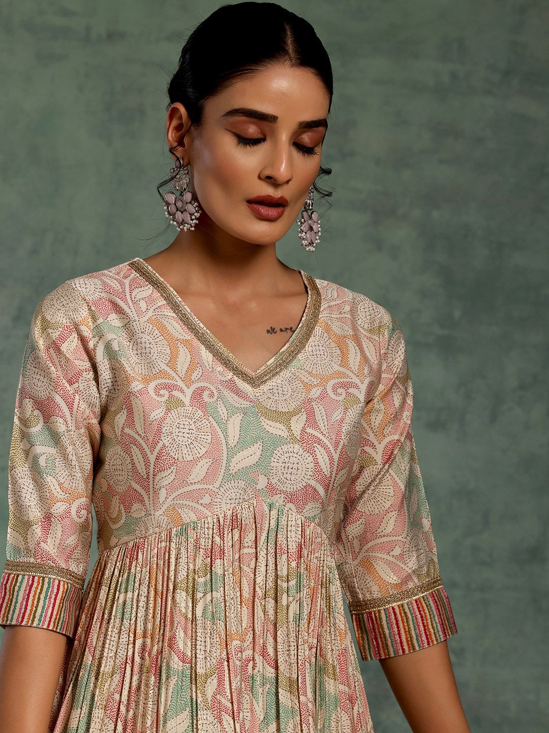 Libas Beige Floral Printed Gotta Patti Pleated A-Line Kurta with Palazzos