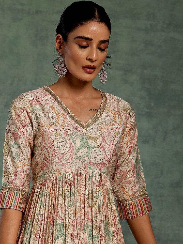 Libas Beige Floral Printed Gotta Patti Pleated A-Line Kurta with Palazzos