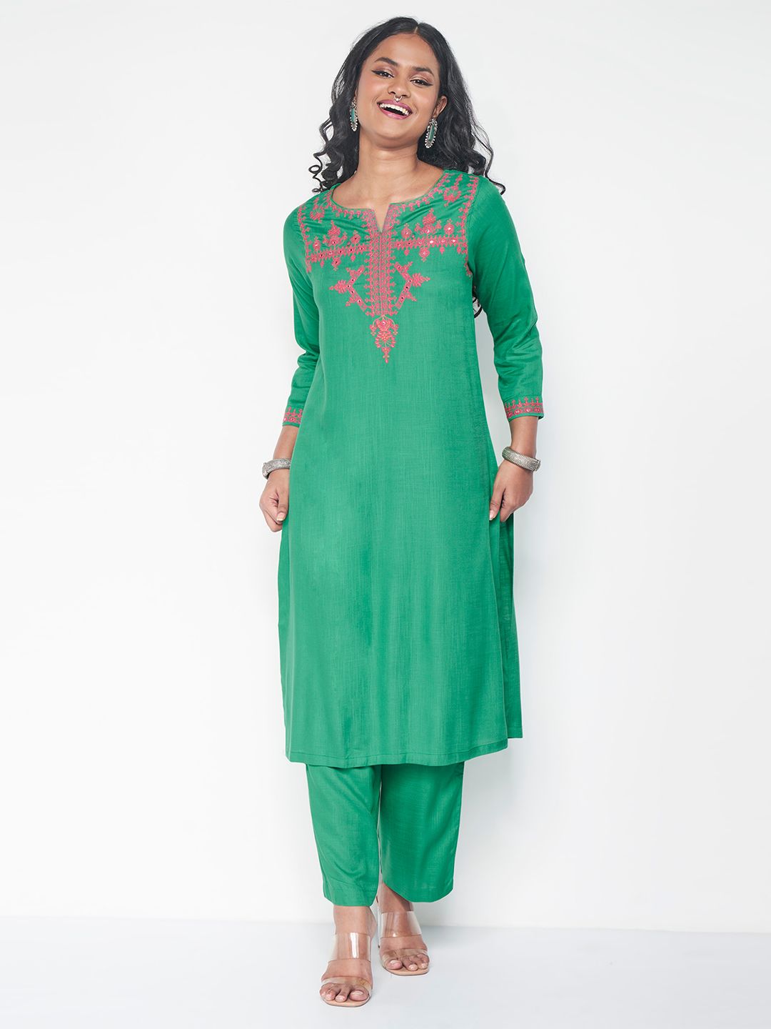 Global Desi Ethnic Motifs Embroidered Straight Kurta With Trouser
