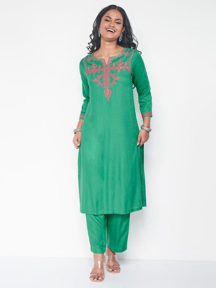 Global Desi Ethnic Motifs Embroidered Straight Kurta With Trouser