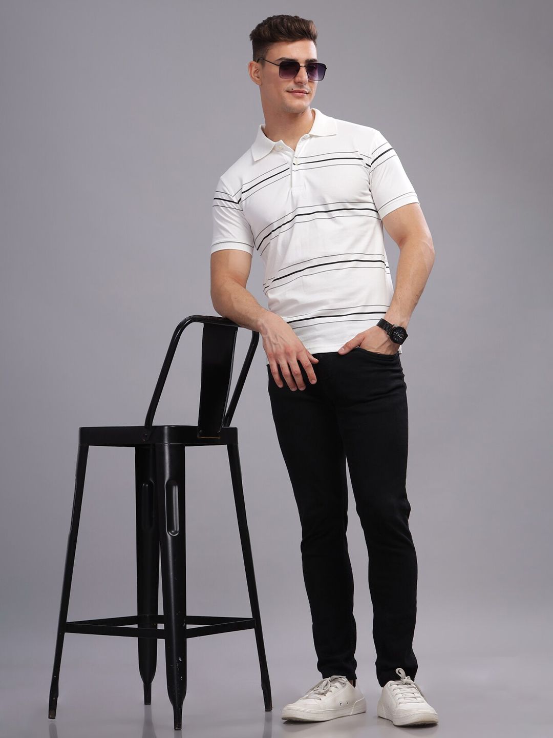 ADRO Striped Printed Polo Collar Short Sleeves Cotton Oversized Casual T-shirt