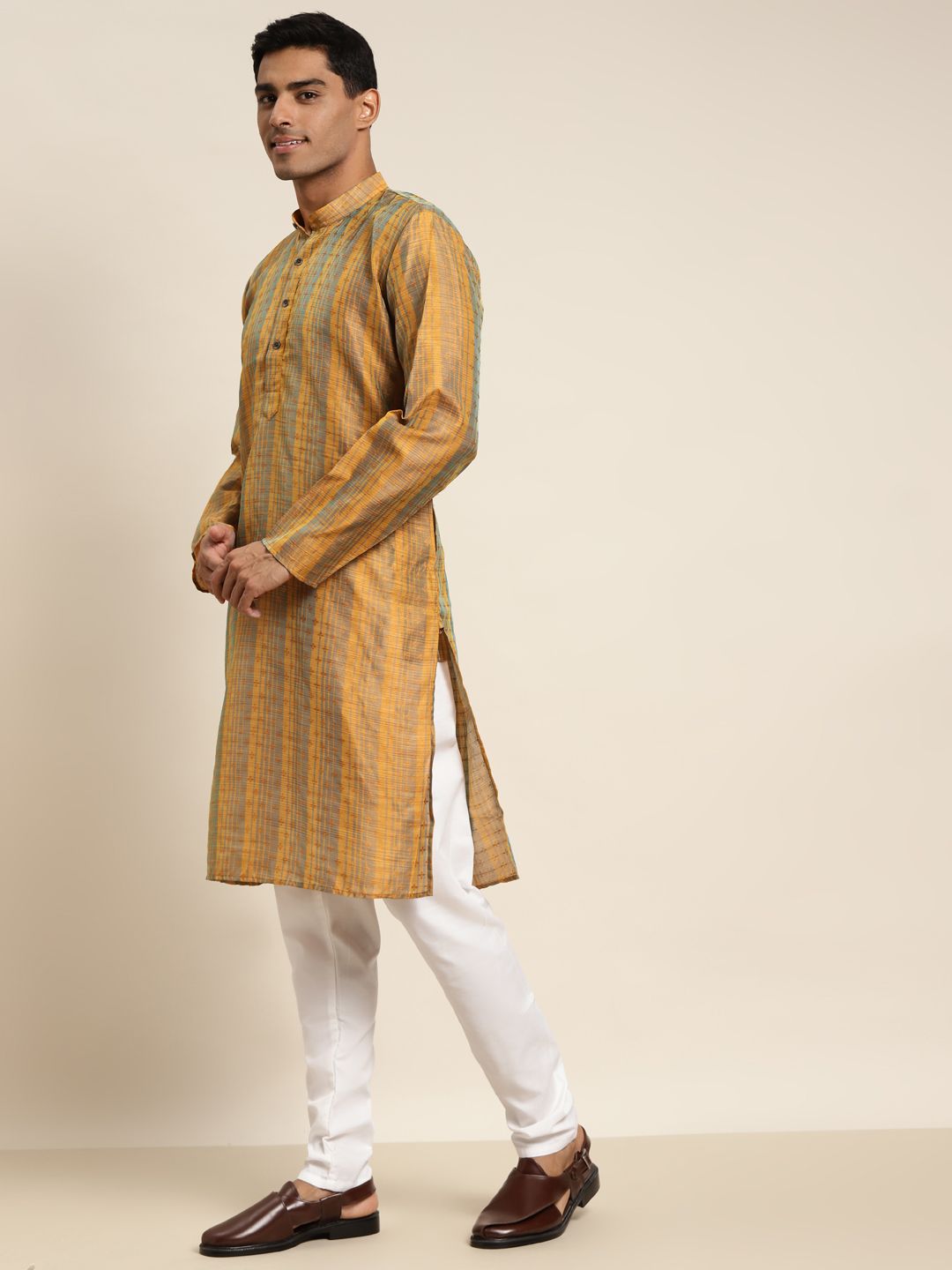 SOJANYA Lelaki Mustard Motif Etnik Kuning & Kelabu Kurta