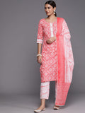 Libas Women Peach-Coloured Bandhani Printed Gotta Patti Pure Cotton Kurta with Trousers & With Dupatta