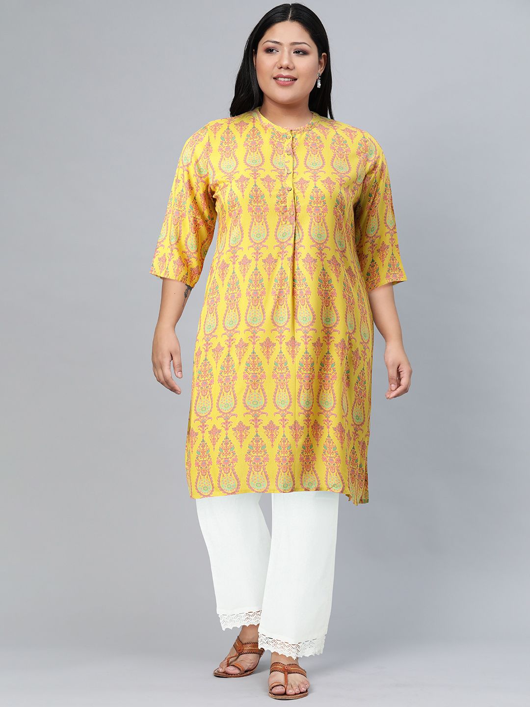 W Women Yellow Thread Work Kurta