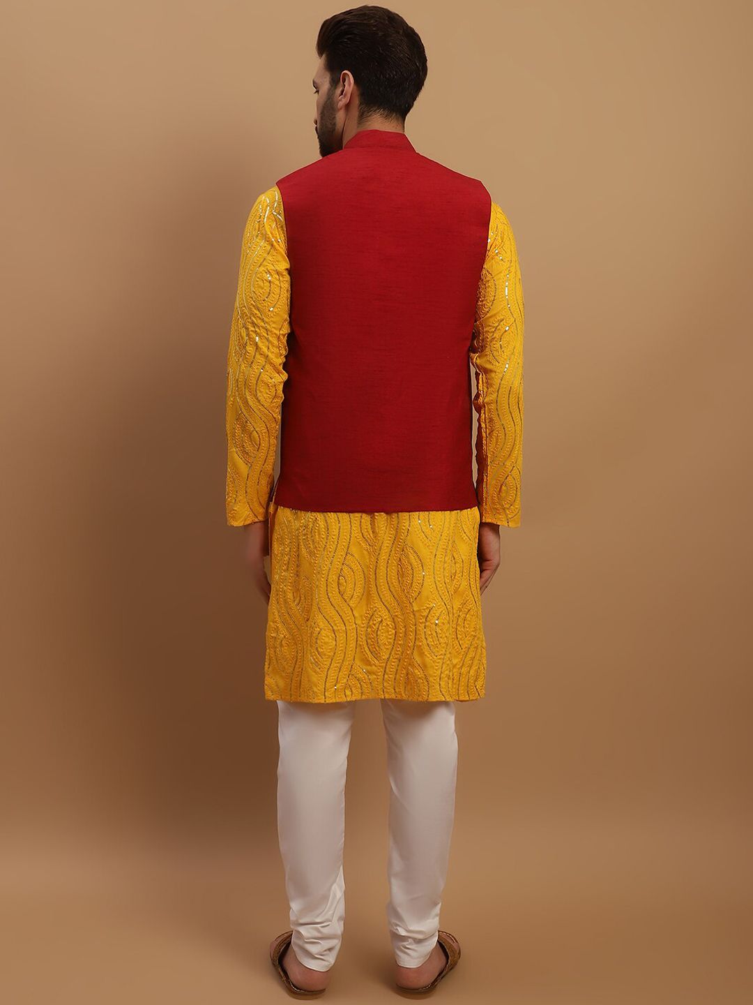 SOJANYA Embroidered Sequinned Pure Cotton Kurta with Churidar & Embellished Nehru Jacket