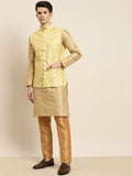 SOJANYA Men Golden & Yellow Kurta with Churidar & Nehru Jacket