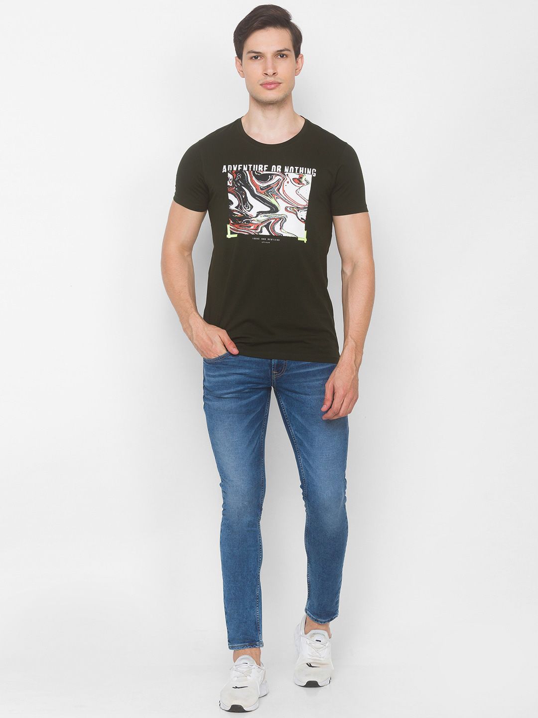 SPYKAR Men Green Printed Applique Slim Fit T-shirt