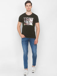 SPYKAR Men Green Printed Applique Slim Fit T-shirt
