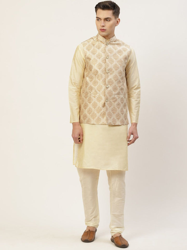 Jompers Cream Ethnic Motifs Printed Regular Fit Silk Blend Nehru Jacket