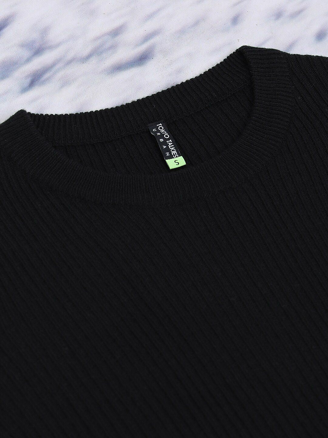 Tokyo Talkies Black Ribbed Long Sleeves Acrylic Fitted Pullover Sweater