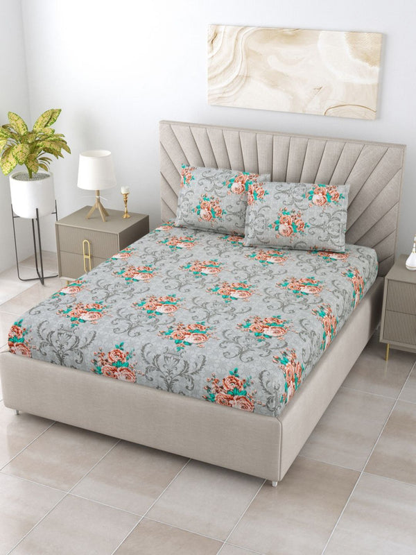 BOMBAY DYEING Dream Lover Grey Floral Printed Cotton 104TC Queen Bedsheet Set 2.54 x 2.24m
