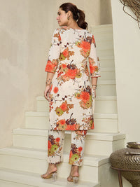 Indo Era Floral Printed V-Neck Pure Cotton Straight Kurta with Trousers