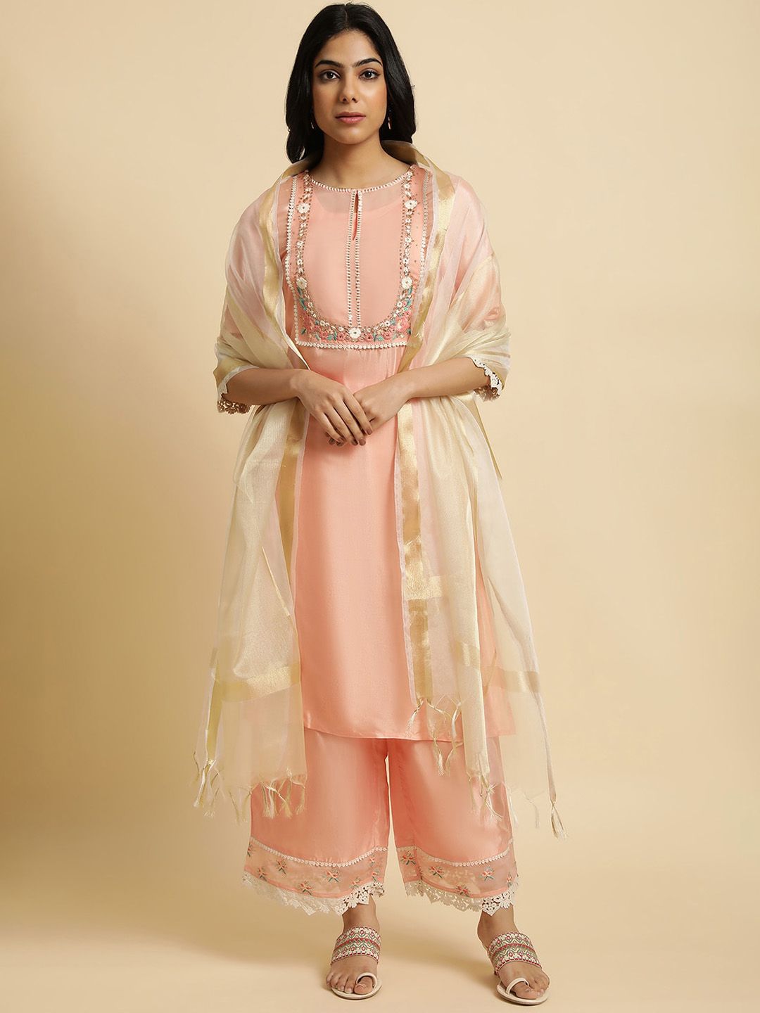 W Floral Embroidered Regular Thread Work Kurta with Palazzos & Dupatta