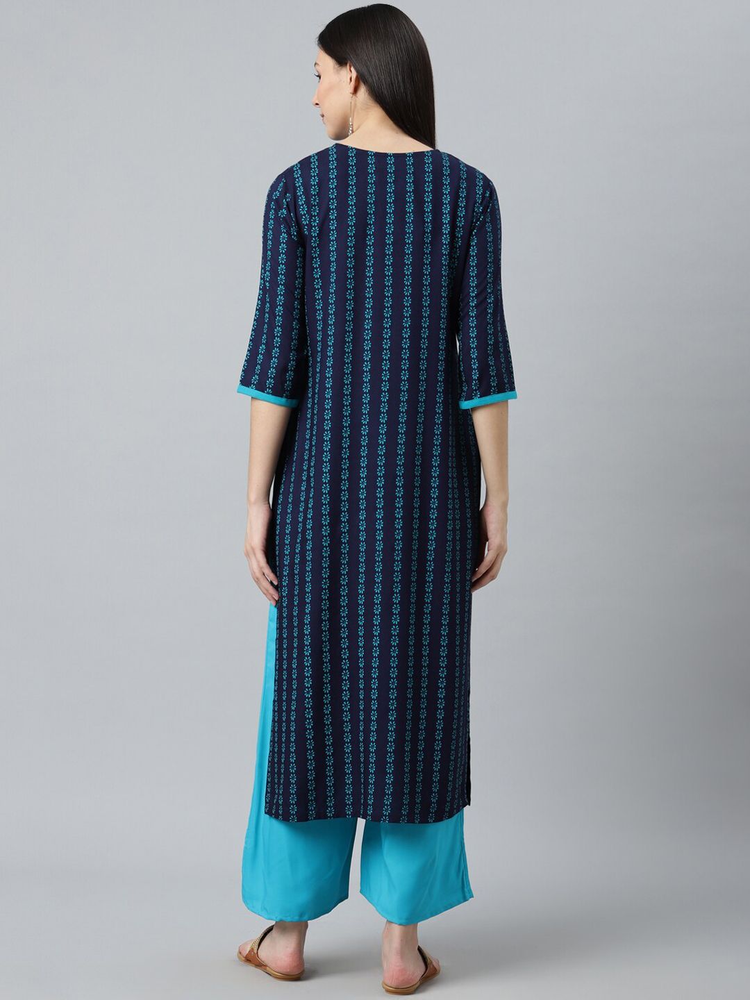 Libas Women Blue Striped Keyhole Neck Kurta