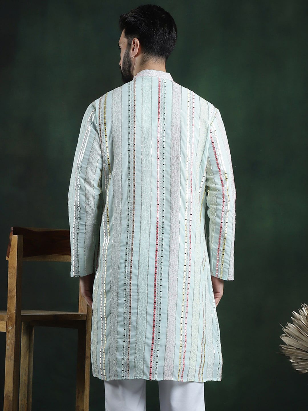 SOJANYA LUXE Striped Embroidered Mandarin Collar Thread Work Georgette Kurta