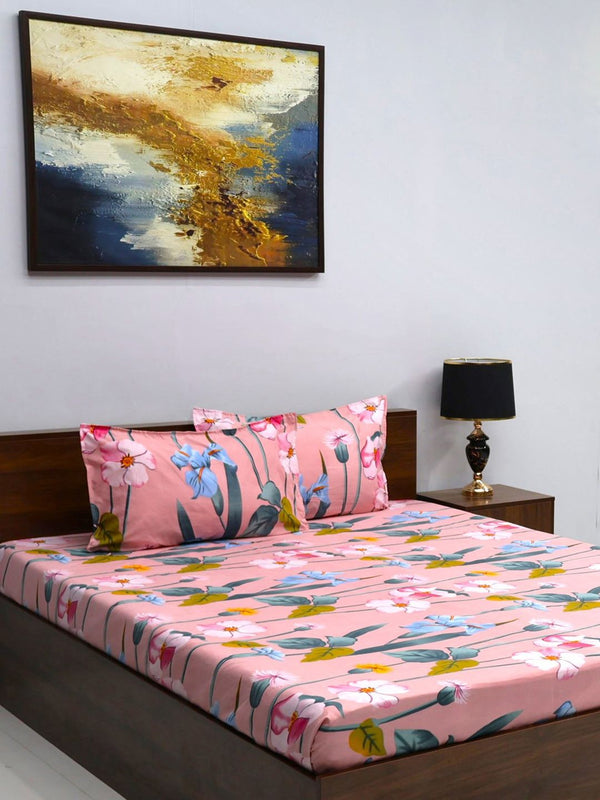 BOMBAY DYEING Pink & Blue Floral Microfiber 144 TC Queen Bedsheet with 2 Pillow Covers