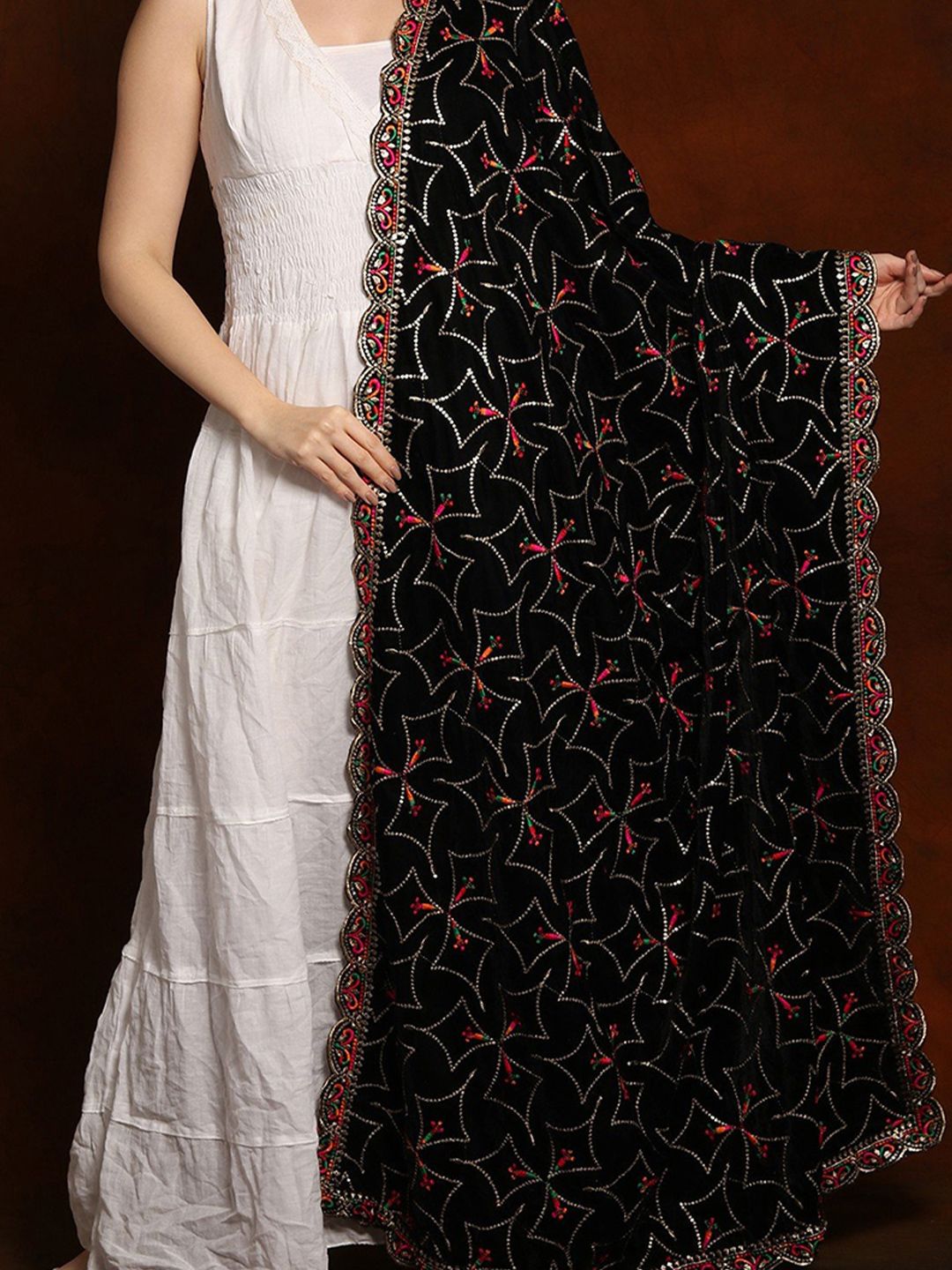Exotic India Caviar Black Velvet Dupatta with Zari and Sequinned Diamond Pattern