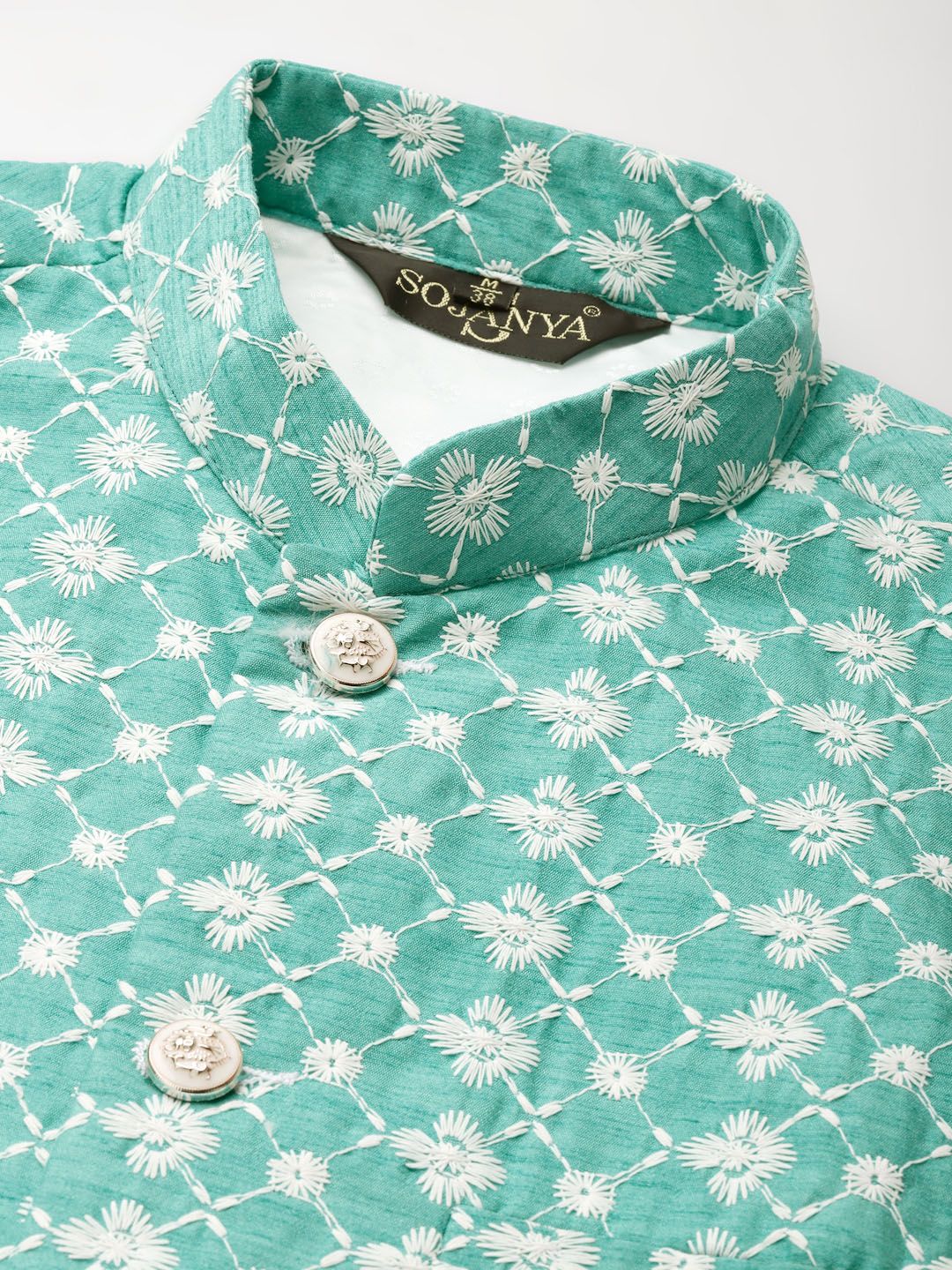 SOJANYA Lelaki Turquoise Biru & Hijau Motif Etnik Sulam Kurta Churidar