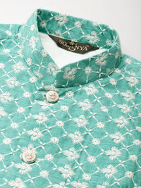 SOJANYA Lelaki Turquoise Biru & Hijau Motif Etnik Sulam Kurta Churidar