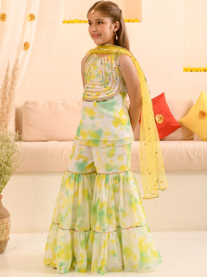 pspeaches Girls Abstract Printed Sequinned Regular A-Line Kurta & Sharara With Dupatta