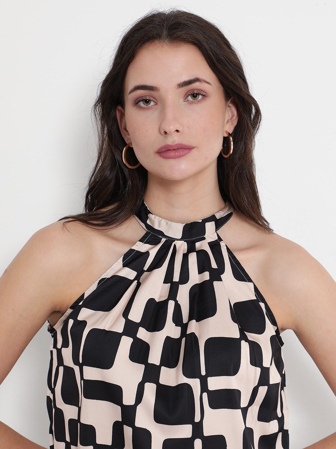 RAREISM Geometric Printed High Neck Cotton Top