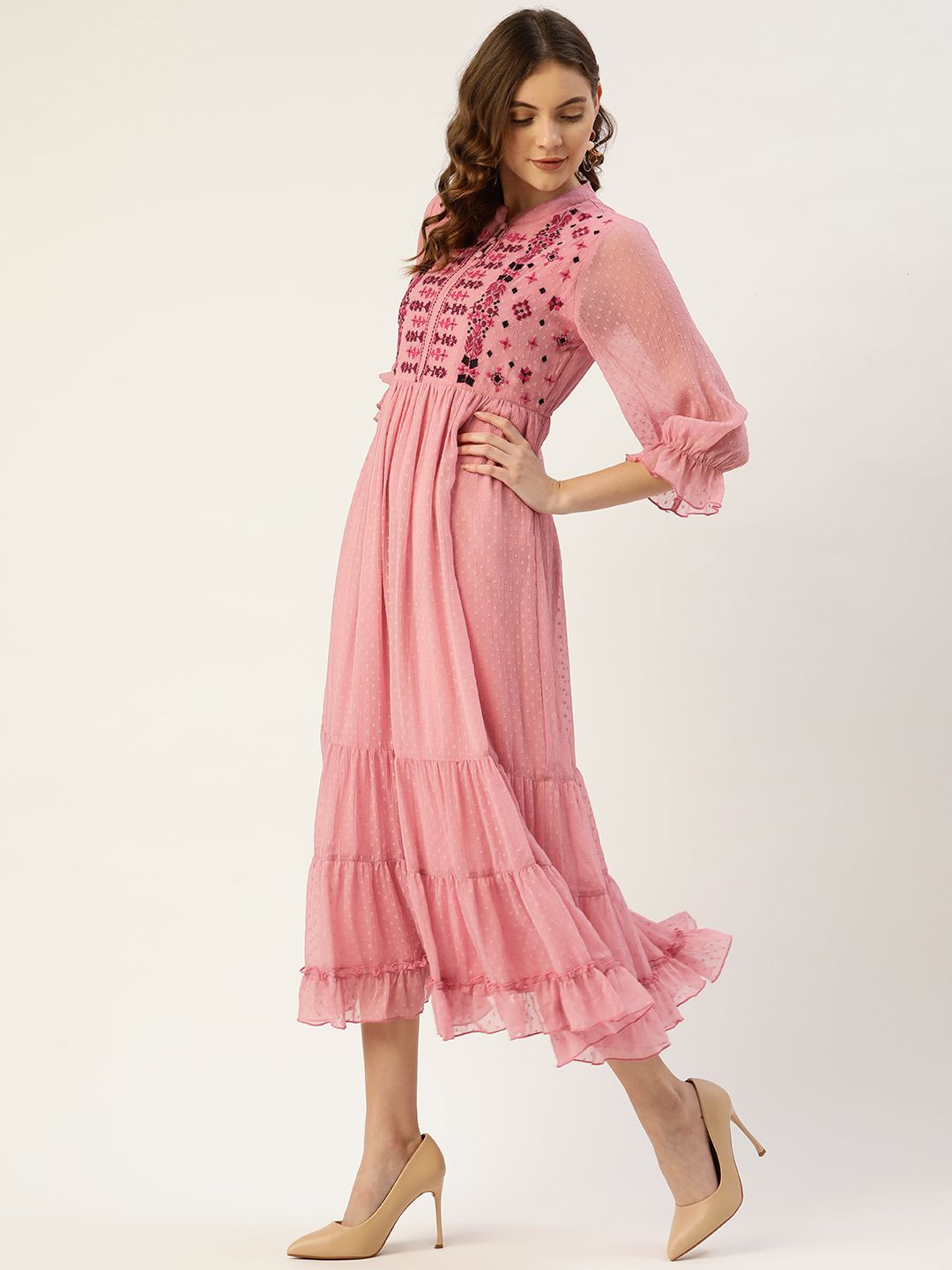 Antheaa Rose Dobby Woven Embellished Maxi Layered Dress